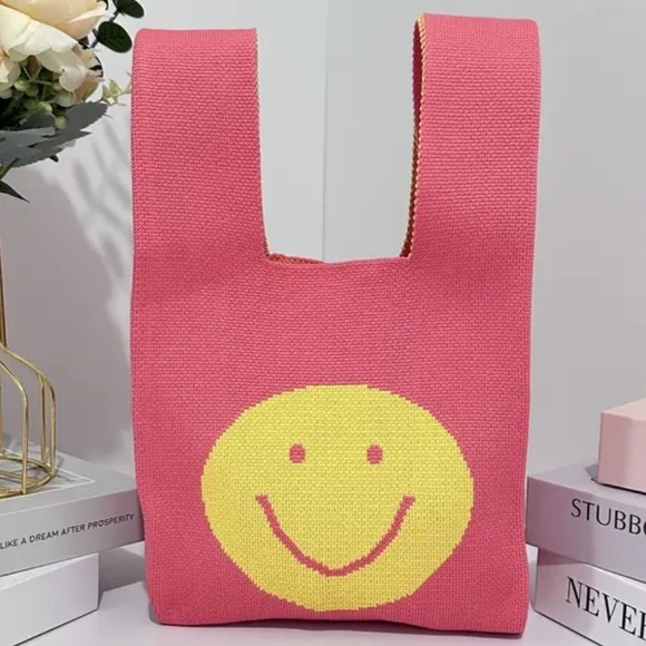 Heavy Woven Knit Smiley Pattern Tote Purse Bag Japanese Knot  Closure Style - Picture 1 of 7